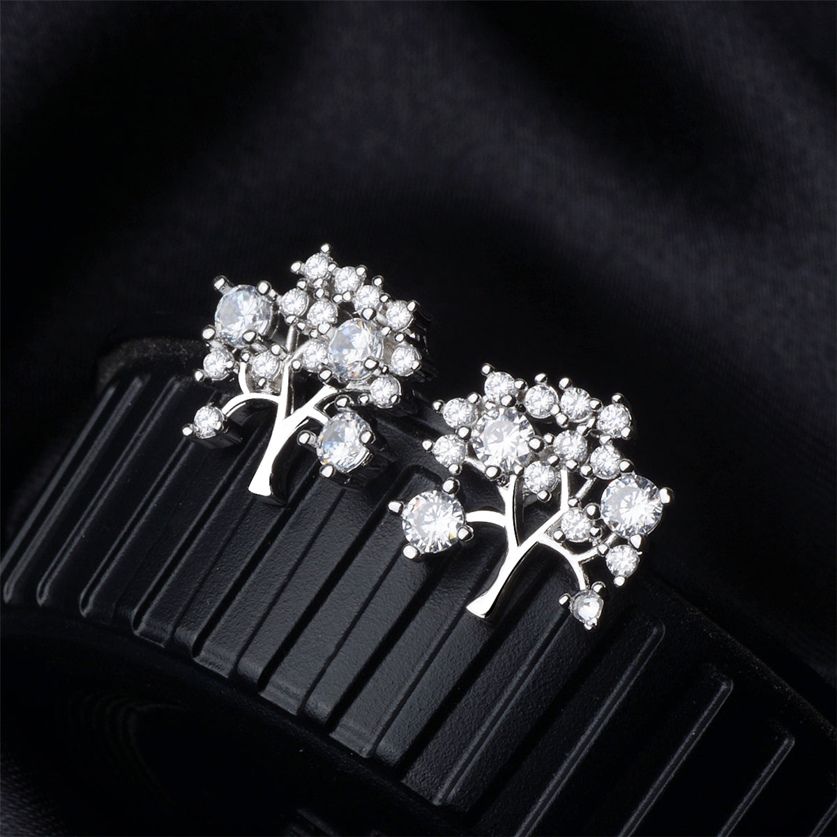Cubic Zirconia and Silver-Plated Tree Stud Earrings, silver stud earrings for women, vintage-inspired design, front view