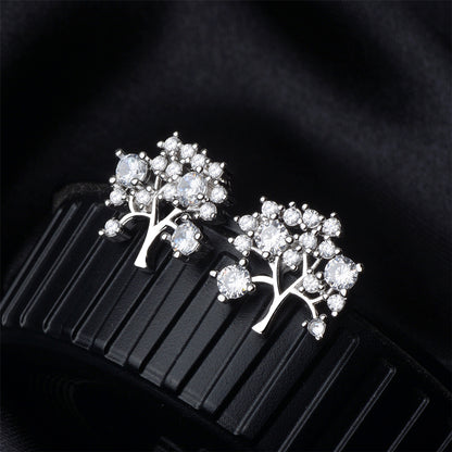 Cubic Zirconia and Silver-Plated Tree Stud Earrings, silver stud earrings for women, vintage-inspired design, front view