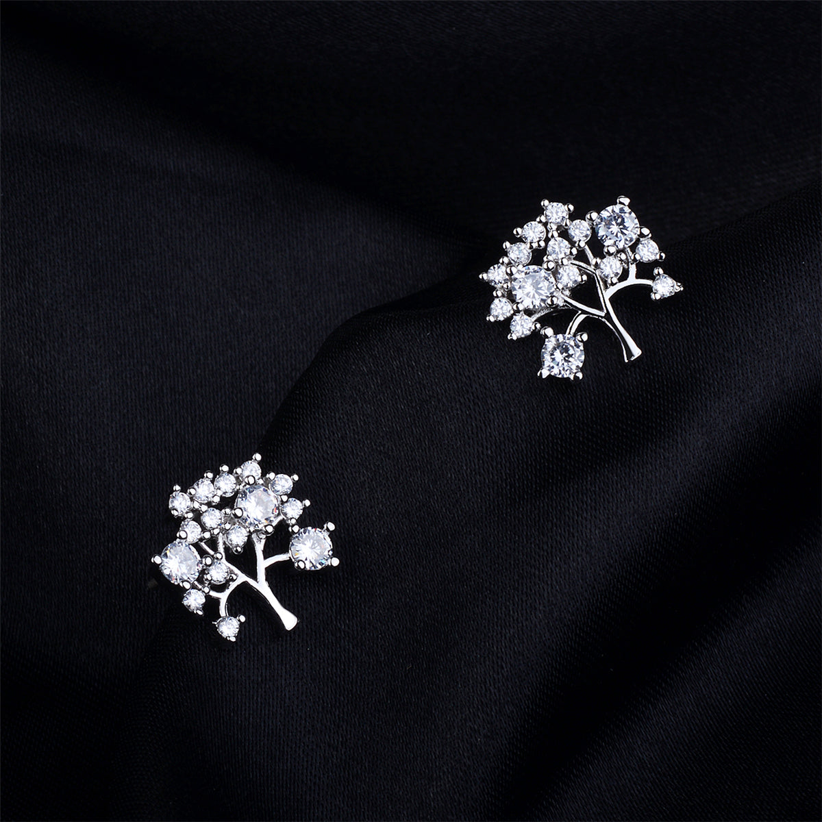 Cubic Zirconia and Silver-Plated Tree Stud Earrings, silver stud earrings for women, vintage-inspired design, side view