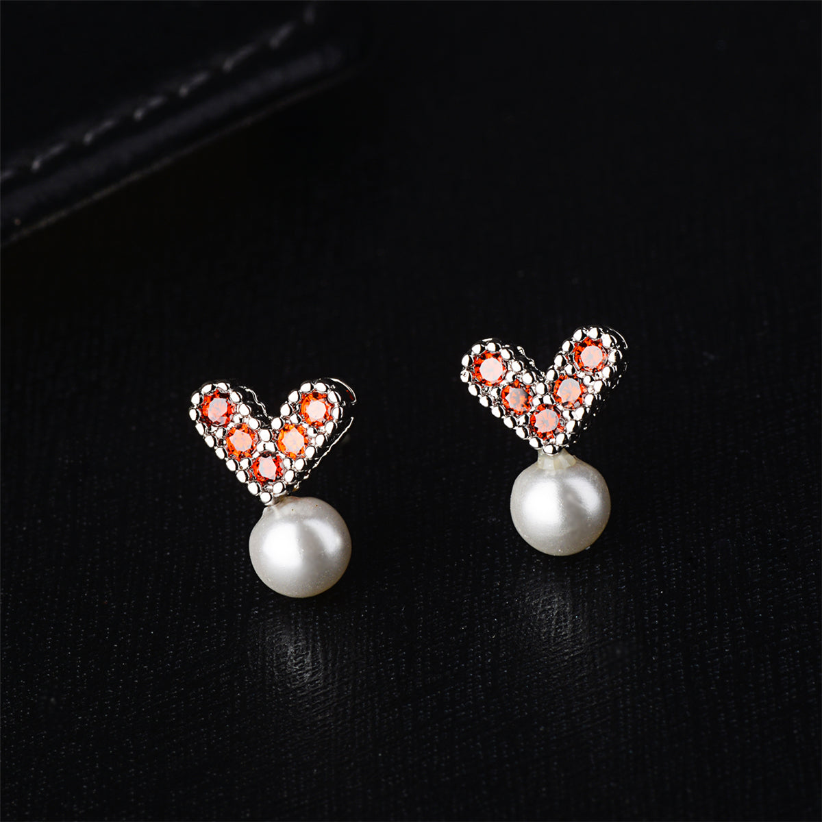 Pearl and Red Cubic Zirconia Heart Stud Earrings, stud earrings for women, everyday style, styled look