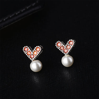 Pearl and Red Cubic Zirconia Heart Stud Earrings, stud earrings for women, everyday style, styled look