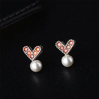 Pearl & Red Cubic Zirconia Heart Stud Earrings