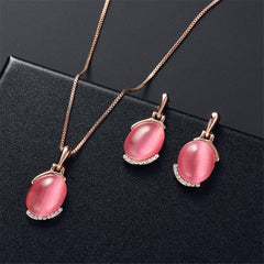 Dark Pink Cats Eye & 18K Rose Gold-Plated Pendant Necklace & Stud Earrings Set