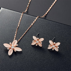 Pink Cats Eye & Cubic Zirconia Flower Pendant Necklace & Stud Earrings Set