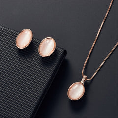 Pink Cats Eye & 18K Rose Gold-Plated Pendant Necklace & Stud Earrings Set