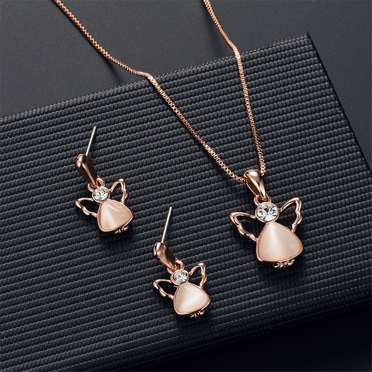 Rose Quartz & Cubic Zirconia Angel Pendant Necklace & Drop Earrings