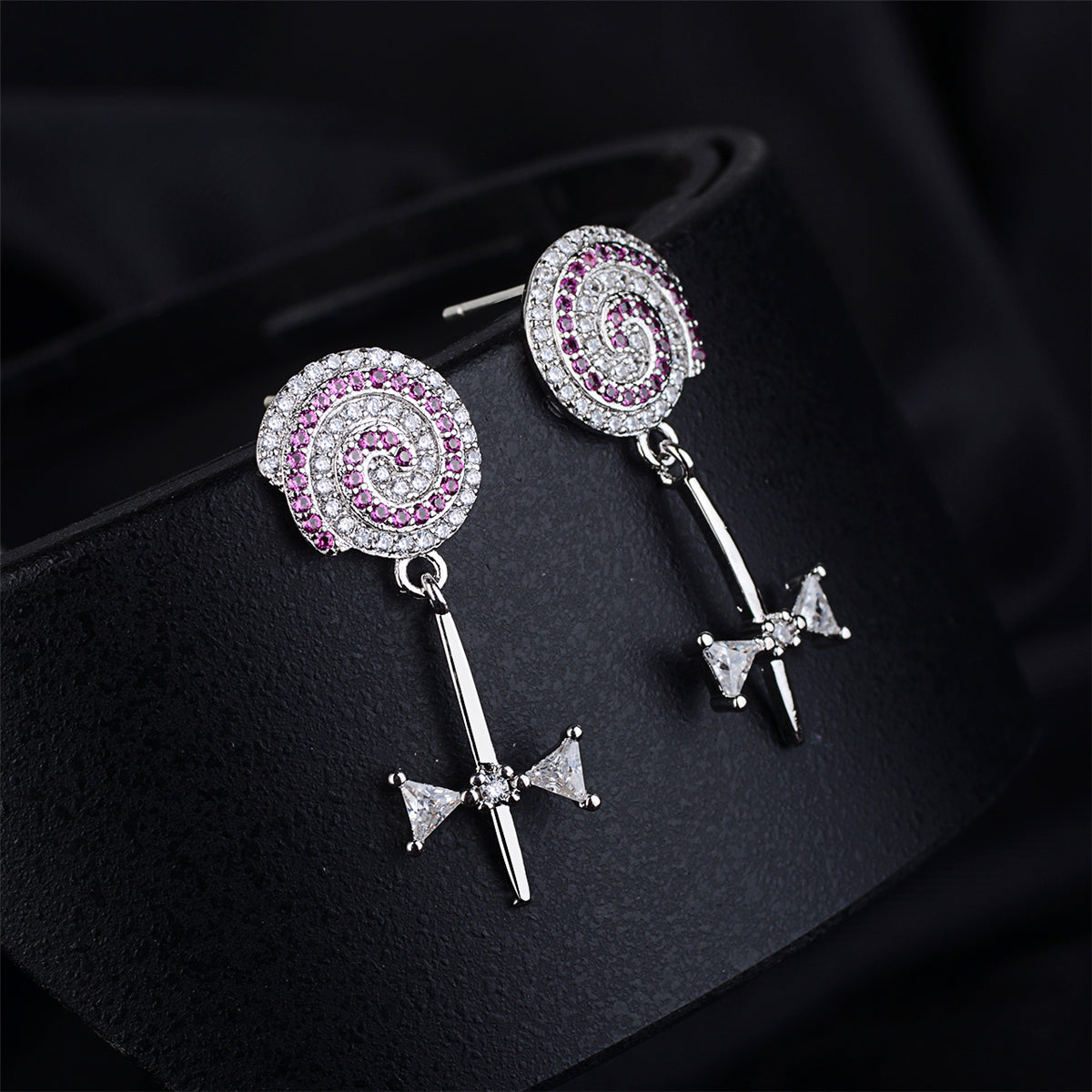Cubic Zirconia and Silver-Plated Lollipop Drop Earrings, silver drop earrings for women, botanical inspired, front view