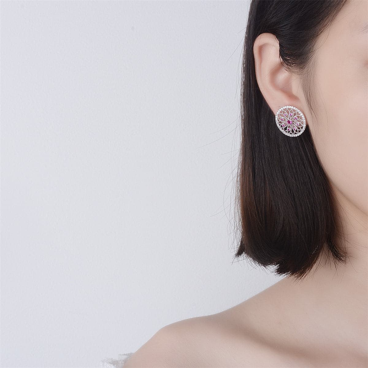 Pink Cubic Zirconia & Silver-Plated Flower Stud Earrings