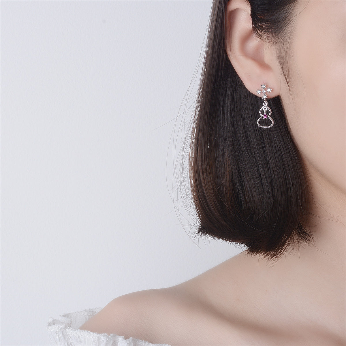 Cubic Zirconia & Silver-Plated Cross & Calabash Drop Earrings