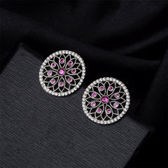 Pink Cubic Zirconia & Silver-Plated Flower Stud Earrings