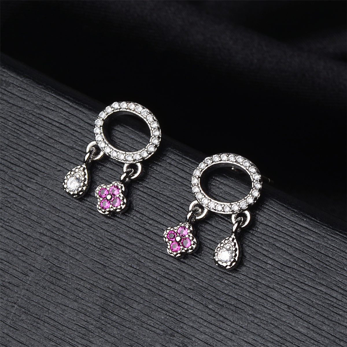 Cubic Zirconia & Silver-Plated Teardrop & Flower Drop Earrings