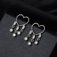 Cubic Zirconia & Silvertone Open Heart Tassel Drop Earrings