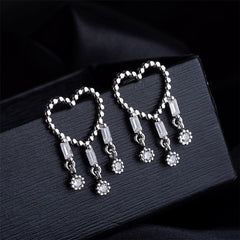 Cubic Zirconia & Silver-Plated Open Heart Tassel Drop Earrings