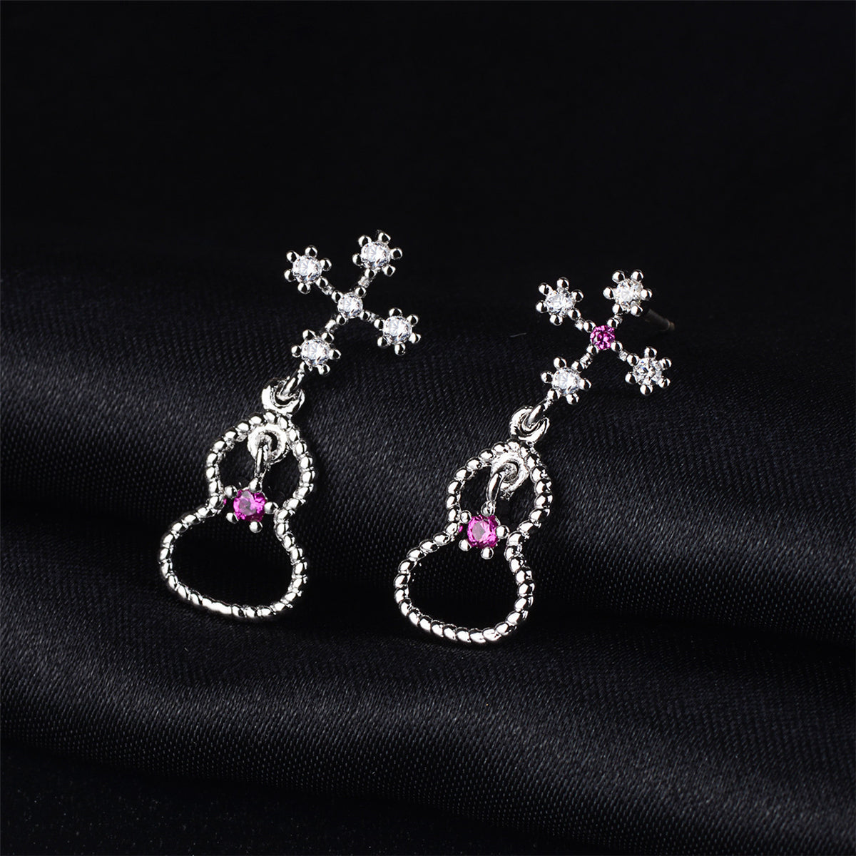 Cubic Zirconia & Silver-Plated Cross & Calabash Drop Earrings