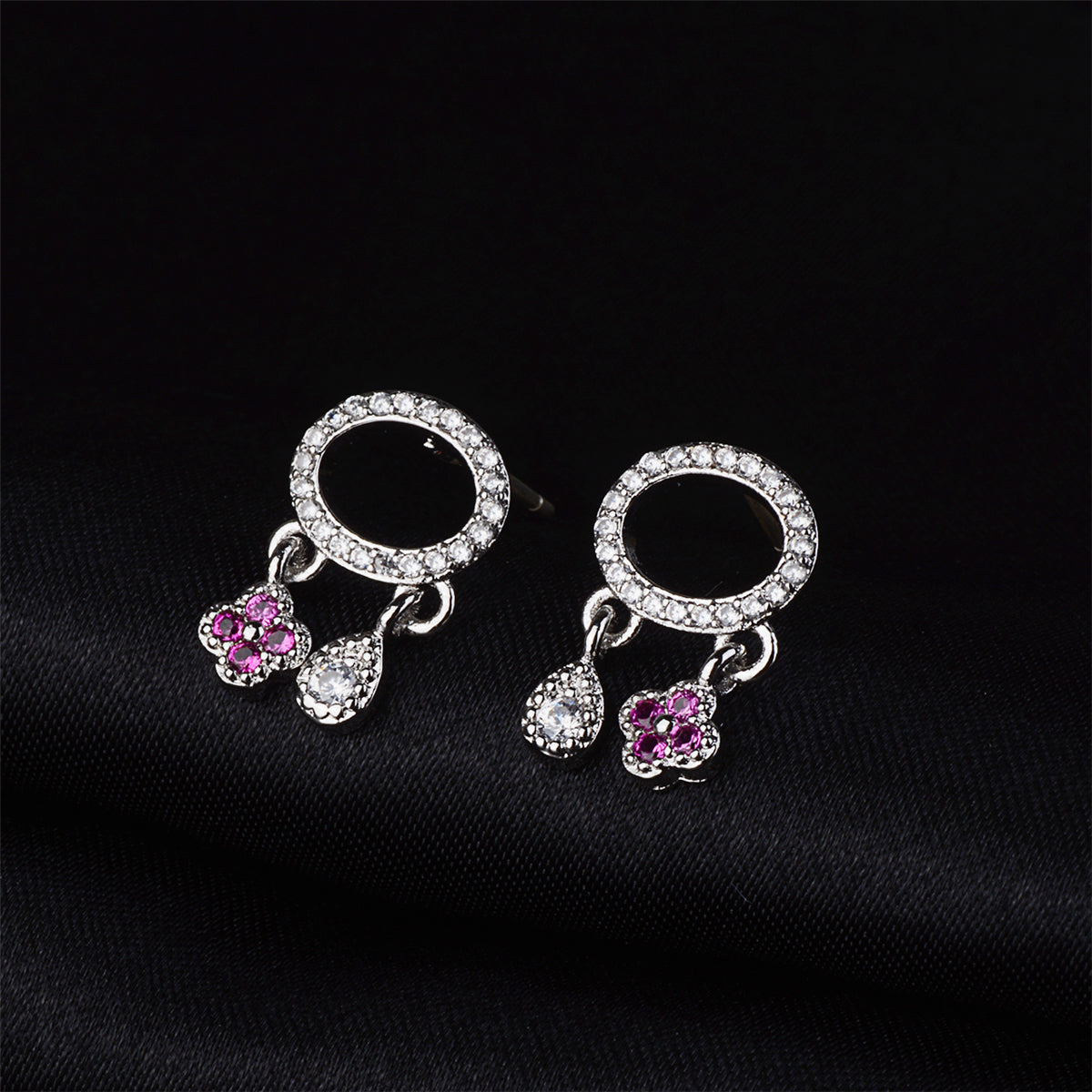 Cubic Zirconia & Silver-Plated Teardrop & Flower Drop Earrings