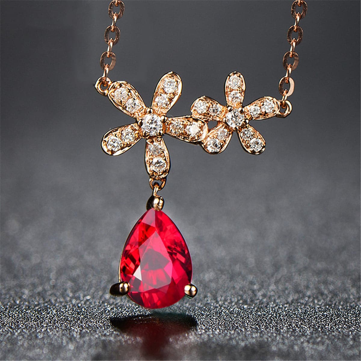 Red Crystal & Cubic Zirconia 18K Rose Gold-Plated Floral Pendant Necklace