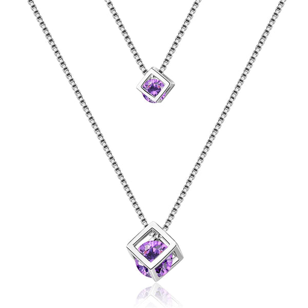 Purple Cubic Zirconia & Silvertone Double Layer Cube Pendant Necklace