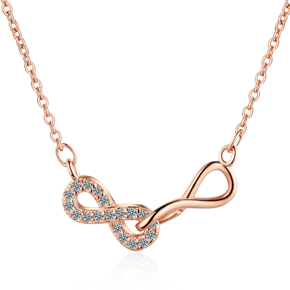 Cubic Zirconia and 18K Rose Gold-Plated Infinity Pendant Necklace, rose gold pendant necklace for women, front view