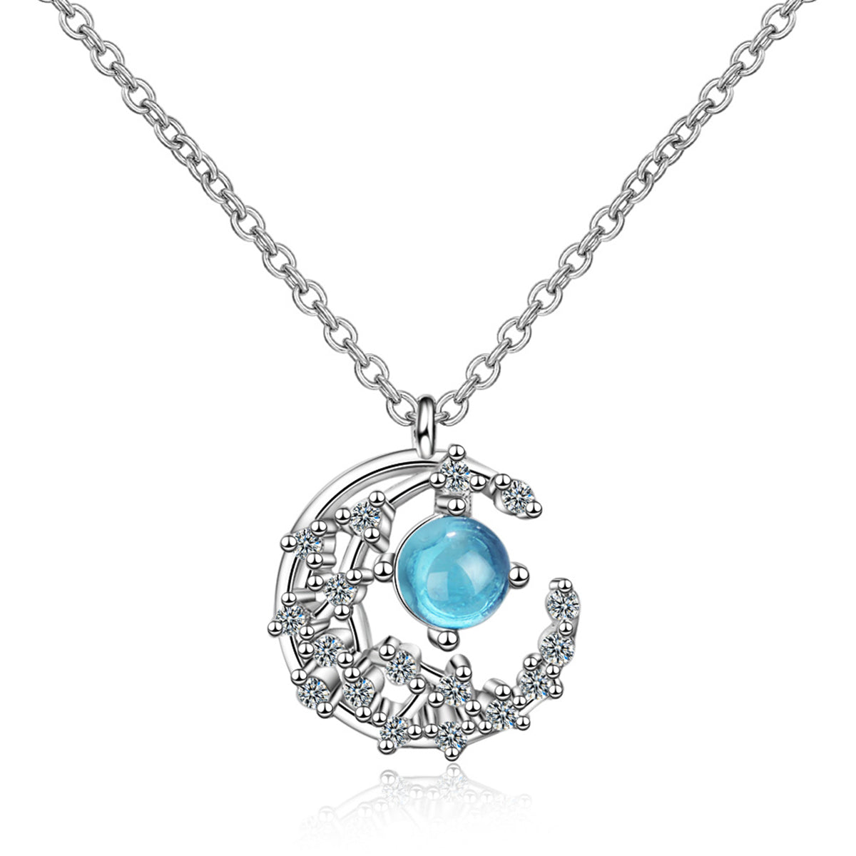 Blue Crystal and Cubic Zirconia Crescent Moon Pendant Necklace, pendant necklace for women, side view