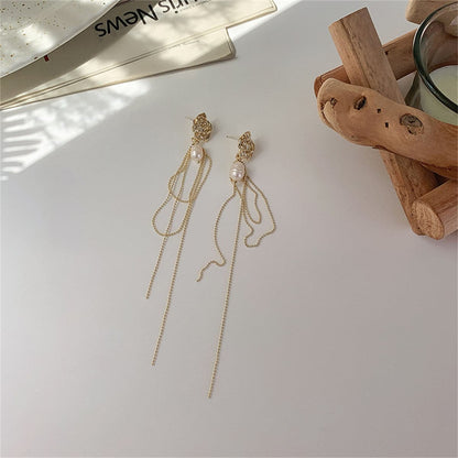Pearl and 18K Gold-Plated Flower Tassel Drop Earrings, gold drop earrings for women, dainty minimalist design, front view