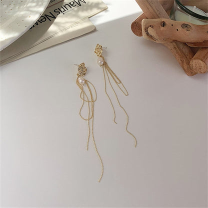 Pearl and 18K Gold-Plated Flower Tassel Drop Earrings, gold drop earrings for women, detail close-up