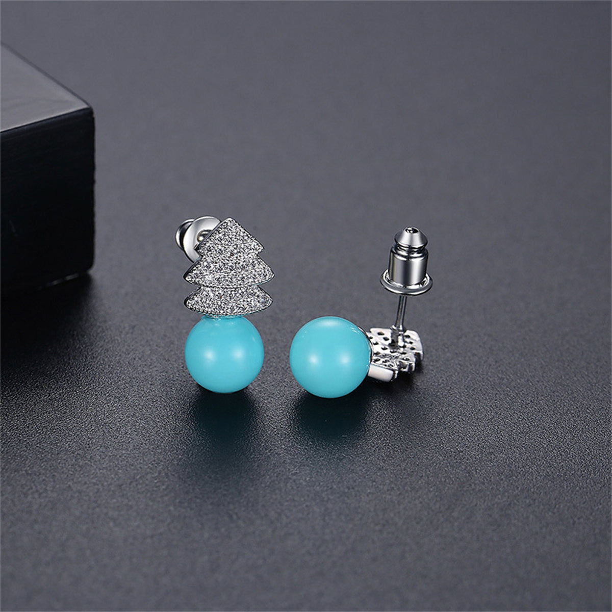 Blue Pearl & Cubic Zirconia Christmas Tree Stud Earrings