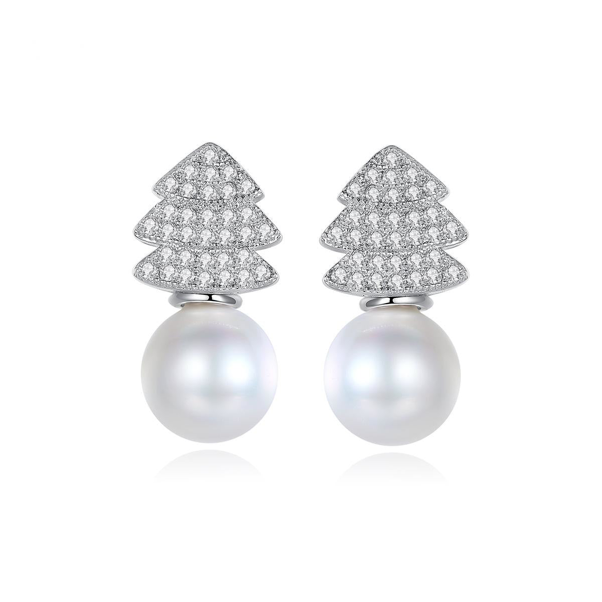 Pearl and Cubic Zirconia Evergreen Tree Stud Earrings, drop earrings for women, elegant gift for her, side view