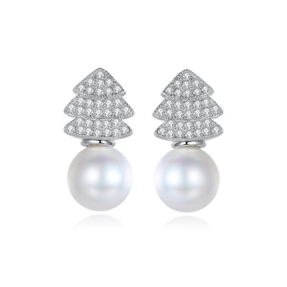 Pearl and Cubic Zirconia Evergreen Tree Stud Earrings, drop earrings for women, elegant gift for her, side view
