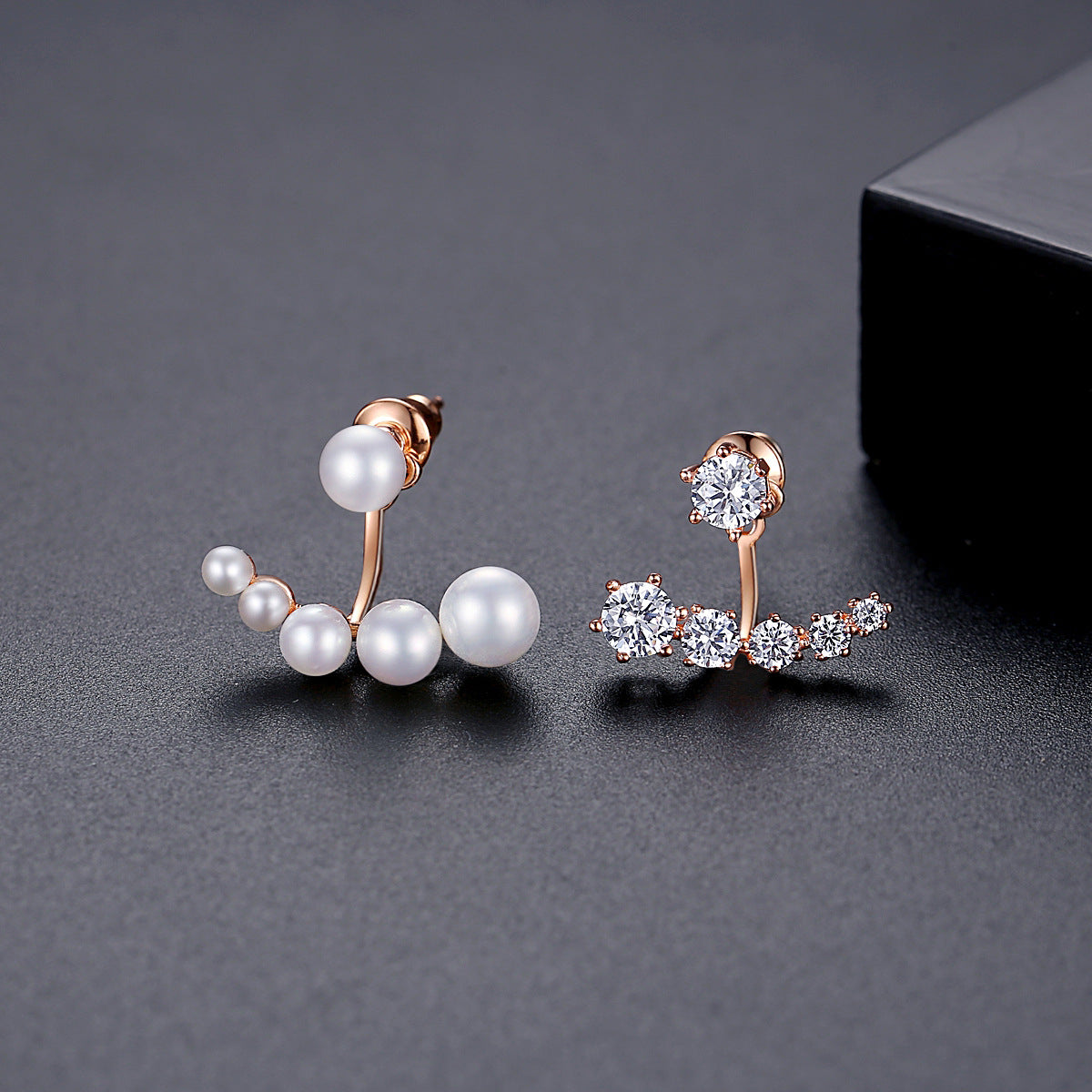 Pearl and Cubic Zirconia 18K Rose Gold-Plated Curved Ear Jackets, rose gold drop earrings for women, side view