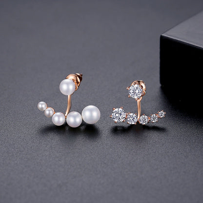 Pearl and Cubic Zirconia 18K Rose Gold-Plated Curved Ear Jackets, rose gold drop earrings for women, side view