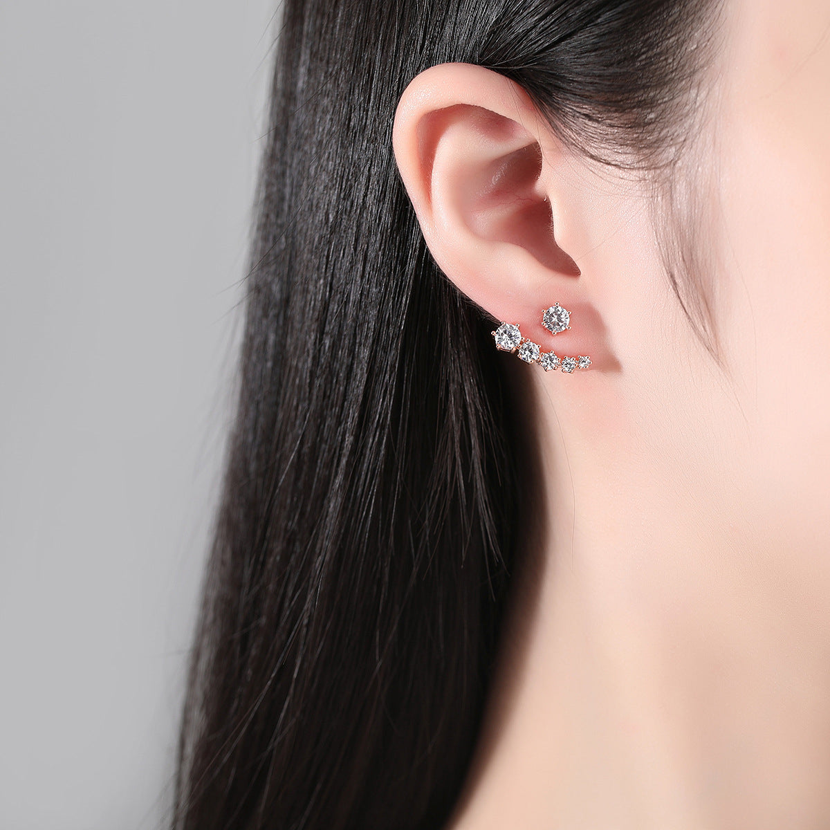 Pearl and Cubic Zirconia 18K Rose Gold-Plated Curved Ear Jackets, rose gold drop earrings for women, detail close-up