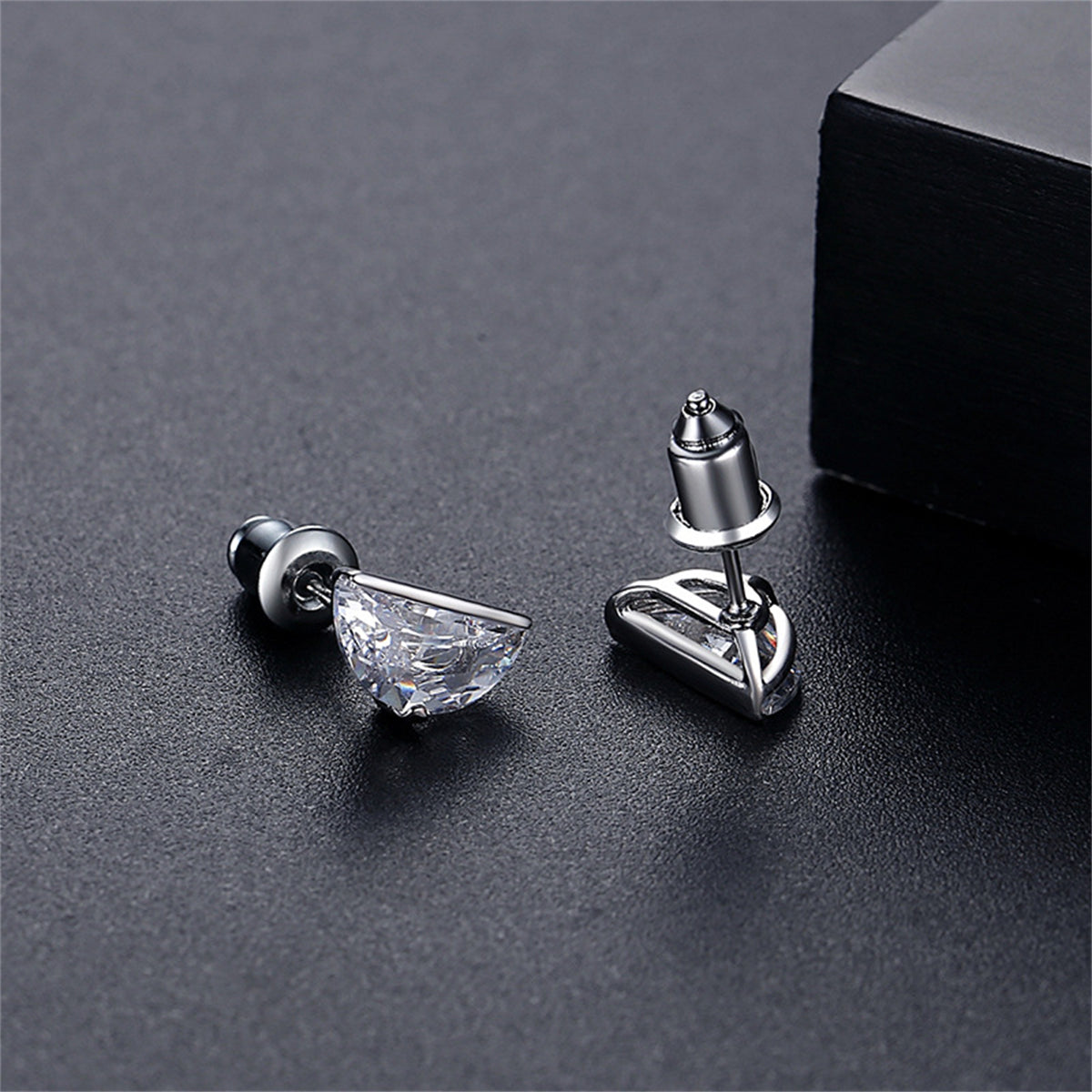 Crystal and Silver-Plated Semicircular Stud Earring, silver stud earrings for women, dainty minimalist design, front view
