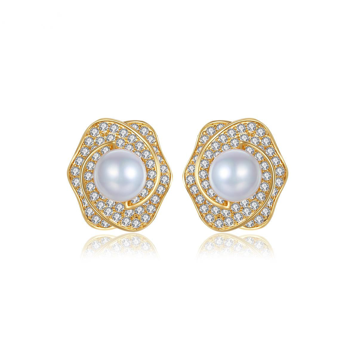 Pearl and Cubic Zirconia 18K Gold-Plated Blossom Stud Earrings, gold stud earrings for women, front view