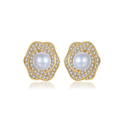 Pearl and Cubic Zirconia 18K Gold-Plated Blossom Stud Earrings, gold stud earrings for women, front view