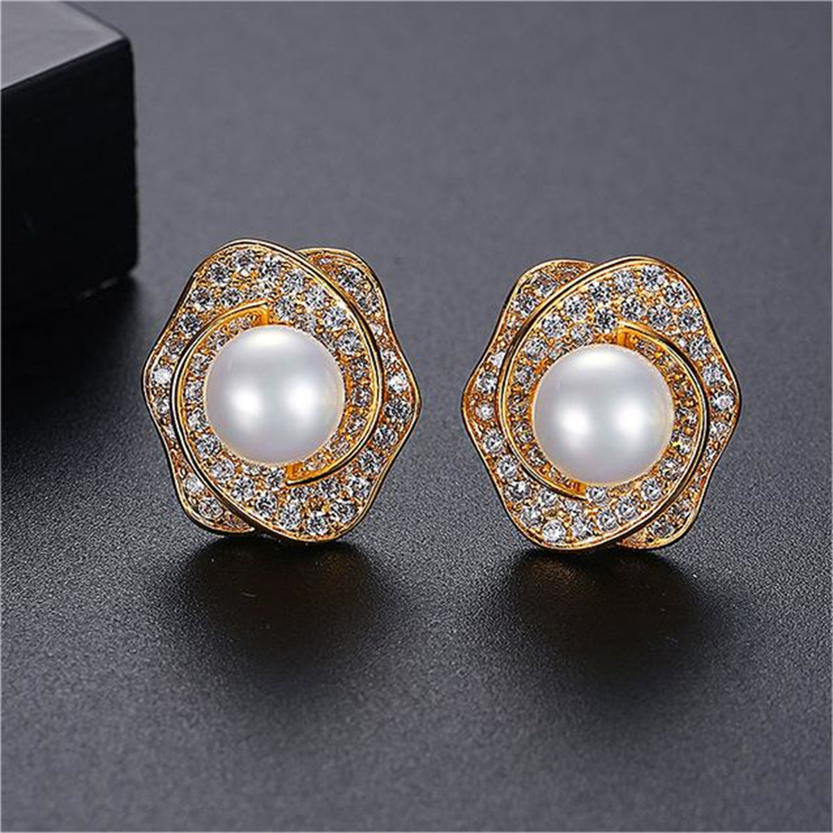 Pearl and Cubic Zirconia 18K Gold-Plated Blossom Stud Earrings, gold stud earrings for women, side view