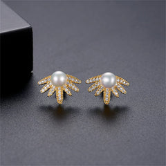 Pearl & Cubic Zirconia 18K Gold-Plated Botanical Stud Earrings