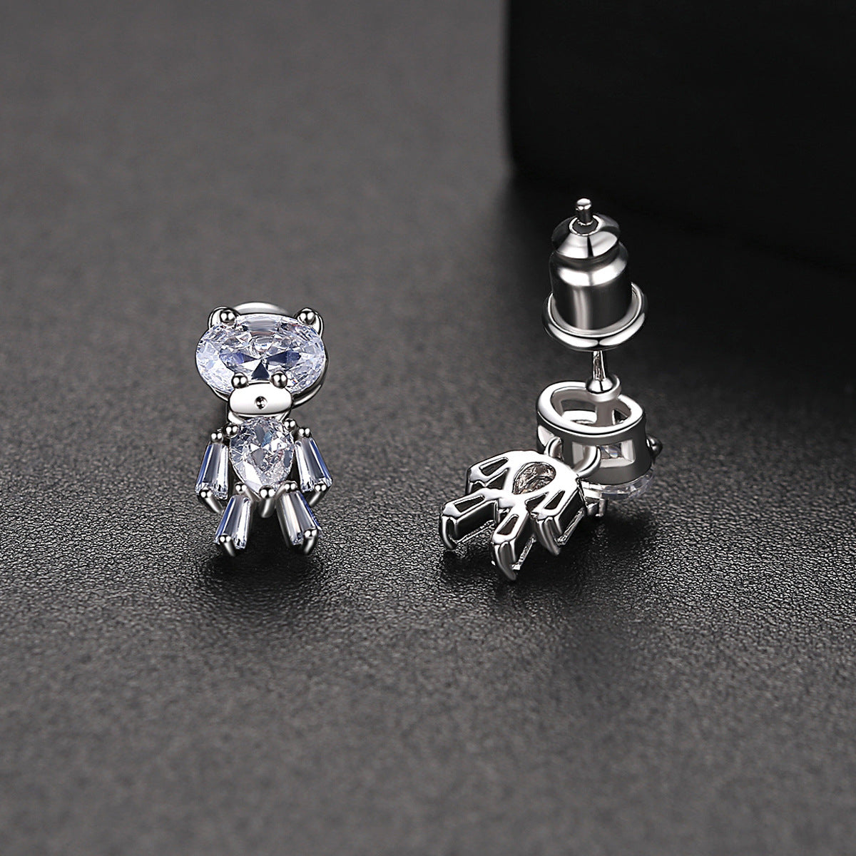 Crystal and Silver-Plated Bear Stud Earrings, silver stud earrings for women, botanical inspired, detail close-up