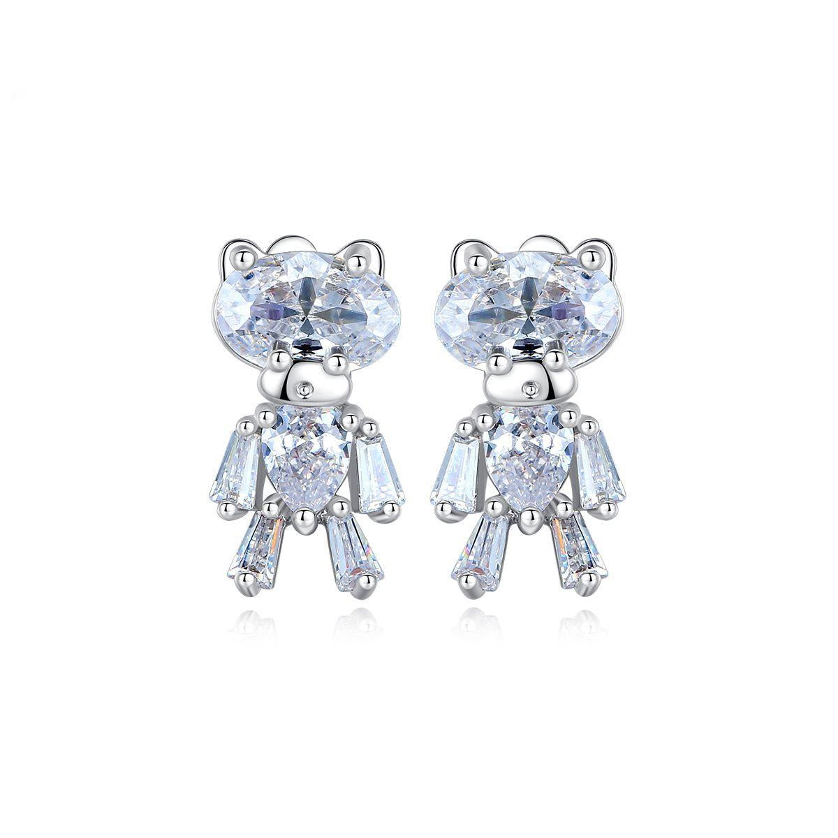 Crystal and Silver-Plated Bear Stud Earrings, silver stud earrings for women, botanical inspired, front view