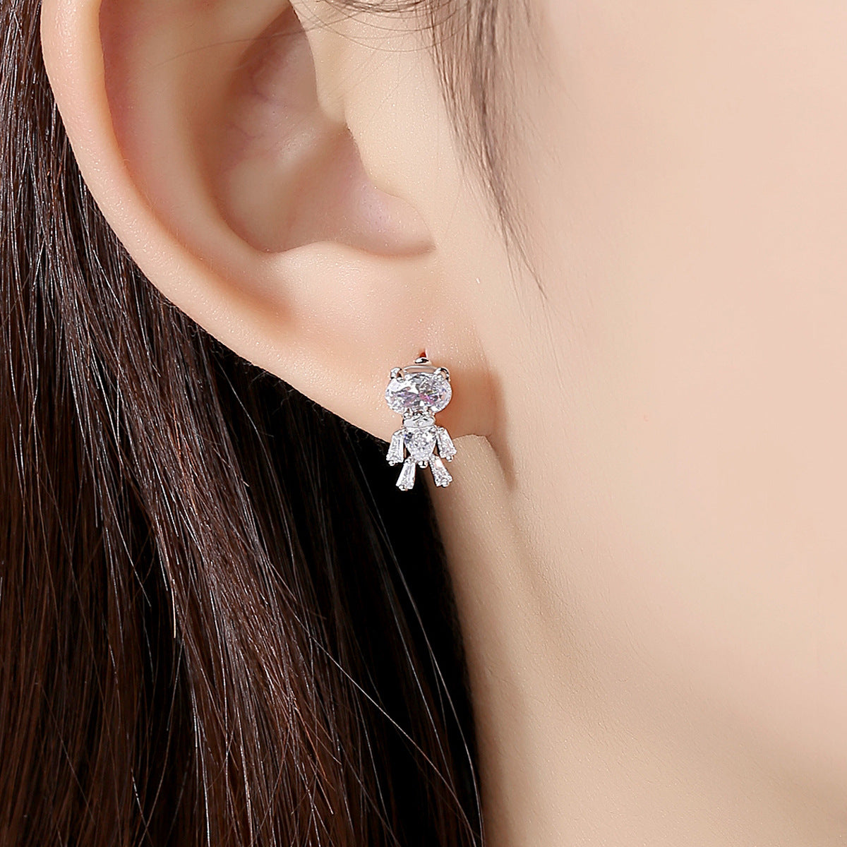 Crystal and Silver-Plated Bear Stud Earrings, silver stud earrings for women, botanical inspired, lifestyle look