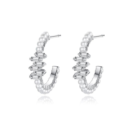 Crystal and Pearl Silver-Plated Hoop Earrings, vintage-inspired design, front view