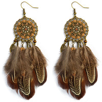 Brown Feather & Goldtone Drop Earring - streetregion