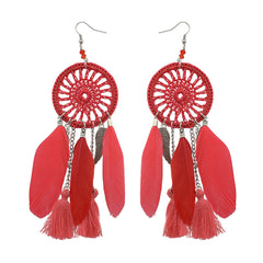 Red & Silver-Plated Wing Dreamcatcher Drop Earrings