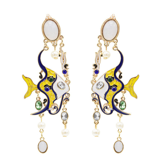 Yellow and Blue Enamel 18K Gold-Plated Fish Drop Earrings, gold drop earrings for women, vintage-inspired design, front view