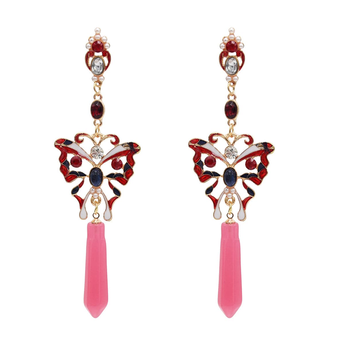 Pink Resin & Cubic Zirconia Butterfly Drop Earrings