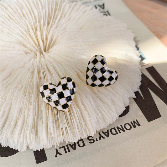 Black and White Enamel Checkerboard Heart Stud Earrings, stud earrings for women, botanical inspired, front view