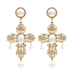 Pearl & 18K Gold-Plated Floral Cross Drop Earrings