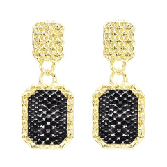 Gold-Plated & Black Snake-Print Square Drop Earrings