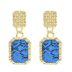 Gold-Plated & Blue Snake-Print Square Drop Earrings