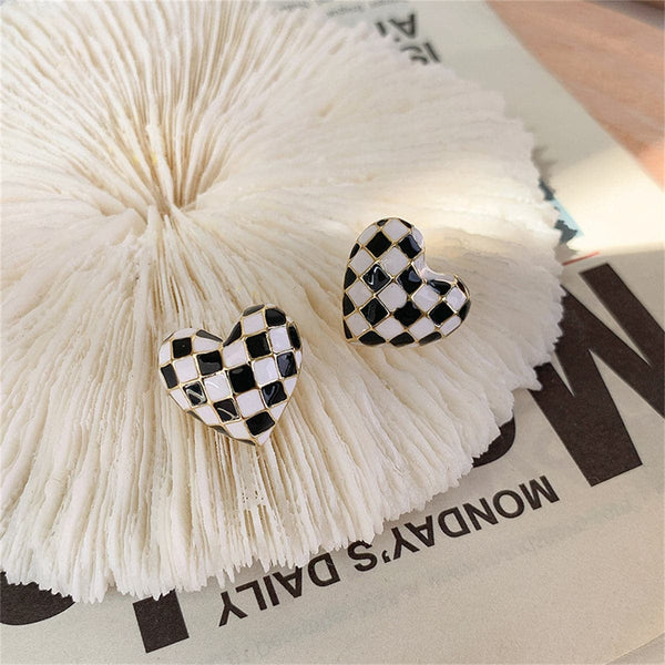 Black & White Enamel Checkerboard Heart Stud Earrings
