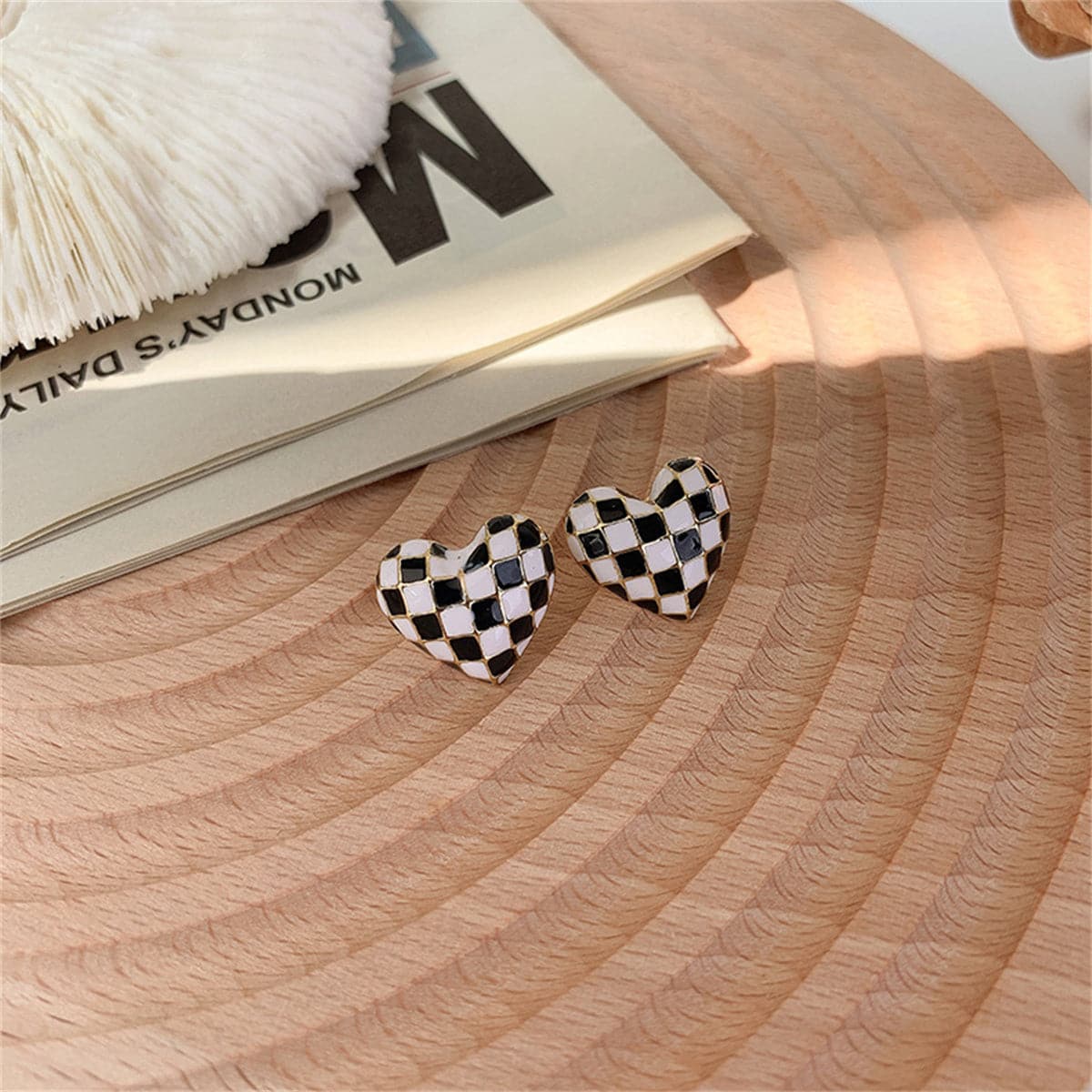 Black & White Enamel Checkerboard Heart Stud Earrings